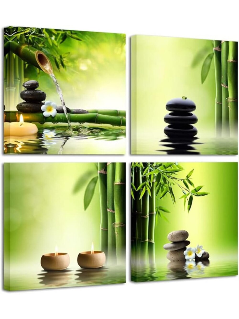 Modern 4 Panel Zen Canvas Art - Bamboo Green Wall Decor for Home & Office